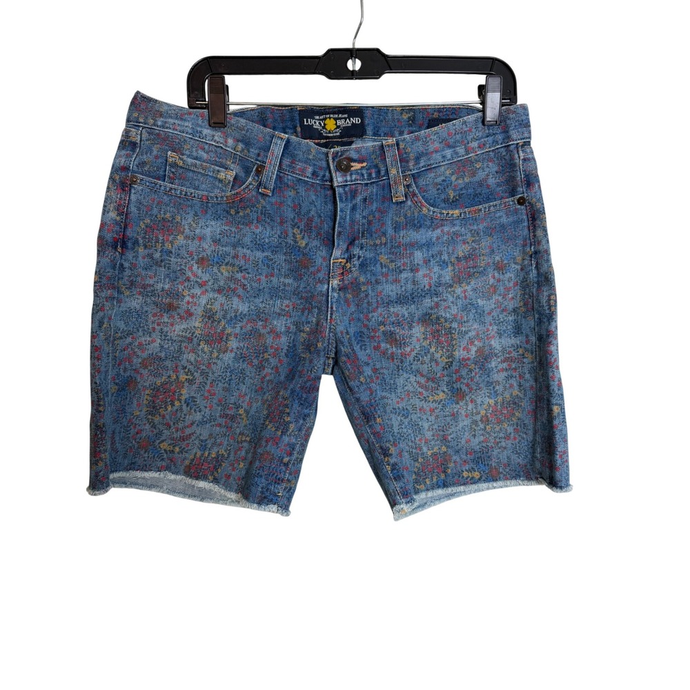 Lucky Brand Abbey Shorts Women 6 28 Blue Floral Paint Splatter Denim Raw Hem